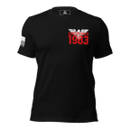 Black t-shirt featuring a red "1983" graphic and a white American flag on the sleeve.