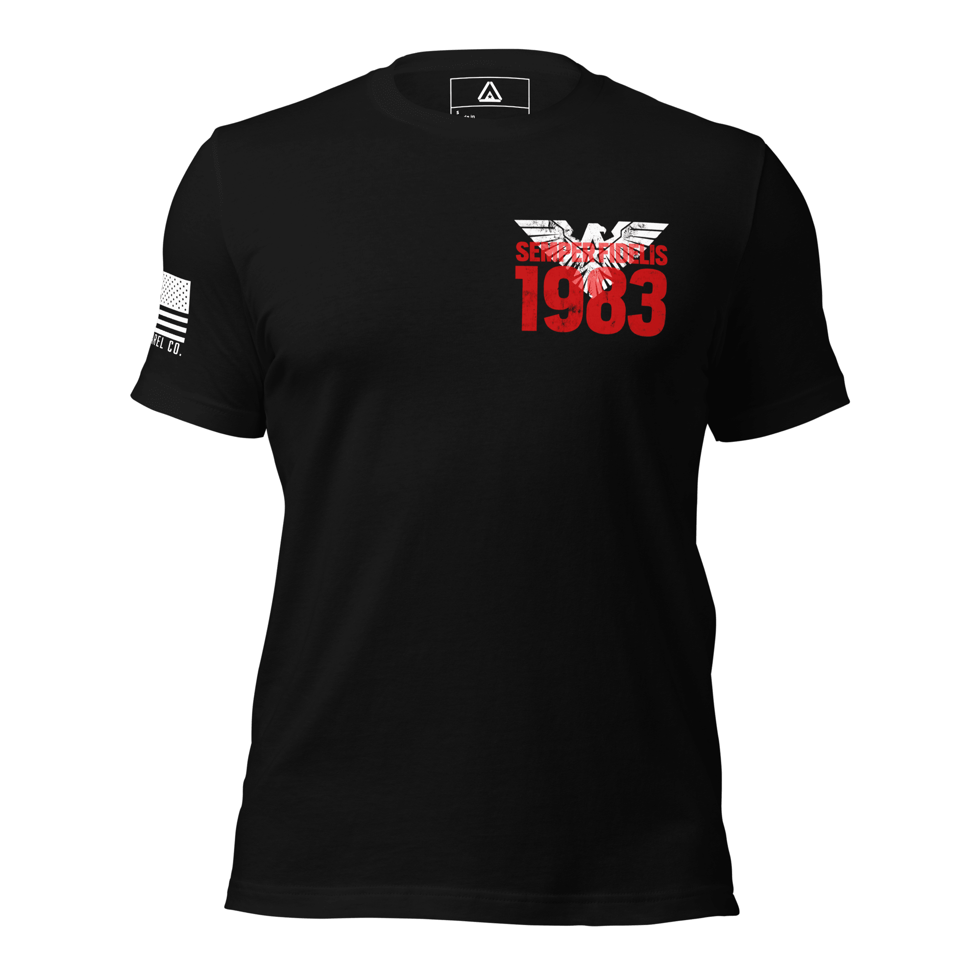 Black t-shirt featuring a red "1983" graphic and a white American flag on the sleeve.