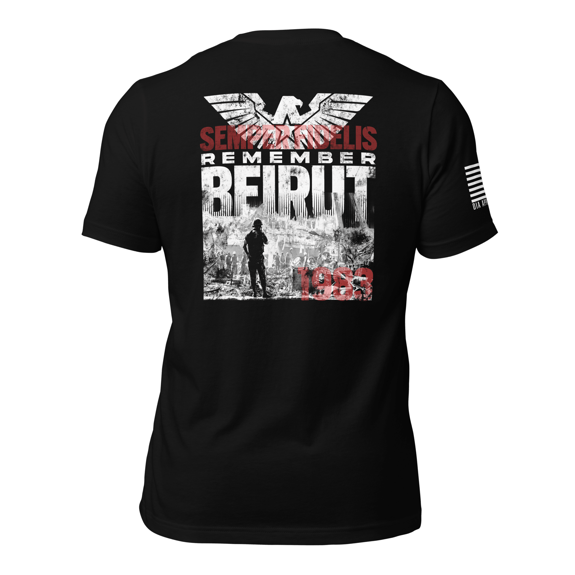Black t-shirt featuring a back graphic with the text "Remember Beirut" and "1983" in a distressed white and red font.