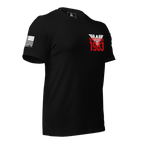 Black t-shirt in a three-quarter view, featuring a red "1983" graphic and an American flag on the sleeve.