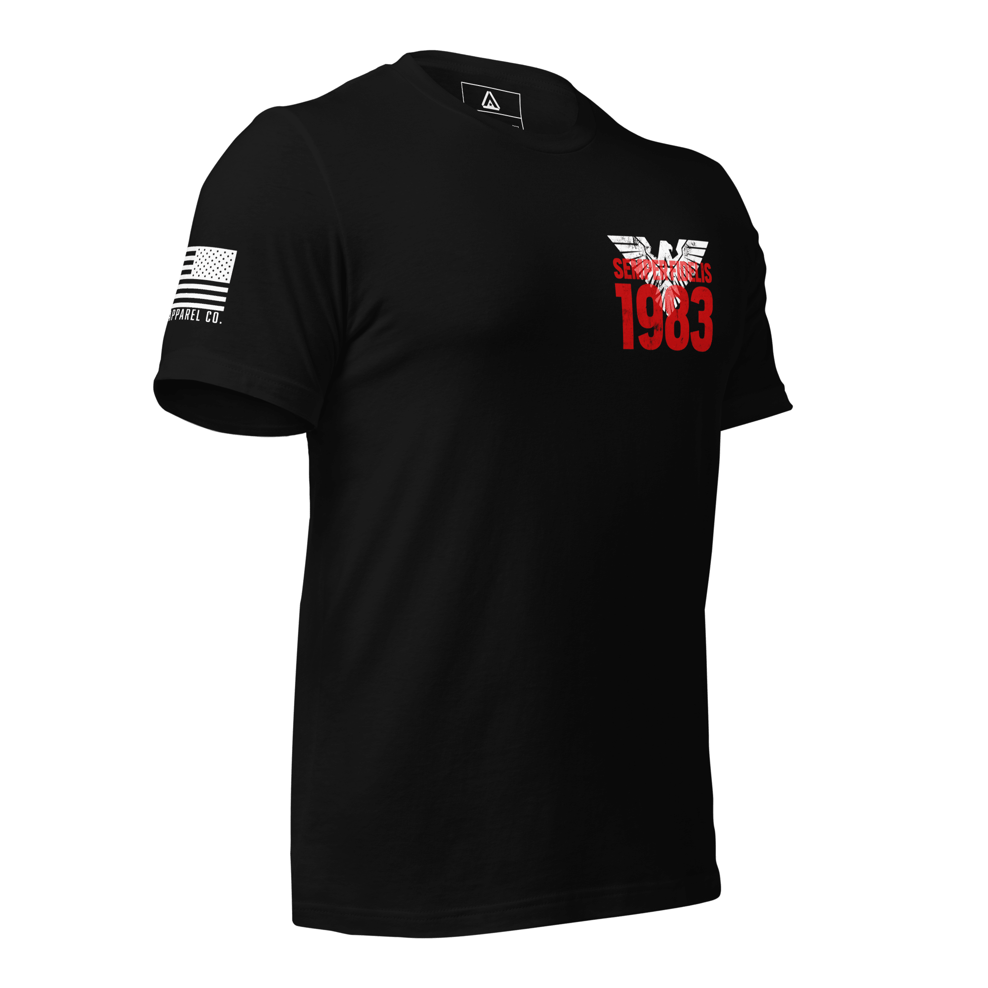 Black t-shirt in a three-quarter view, featuring a red "1983" graphic and an American flag on the sleeve.