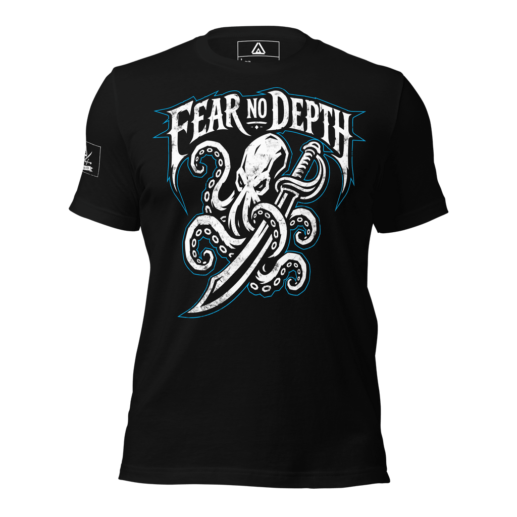 Front view of a black t-shirt featuring an octopus and sword graphic, "FEAR NO DEPTH" text, and a pirate DIA logo on the sleeve.