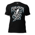 Front view of a black t-shirt featuring an octopus and sword graphic, "FEAR NO DEPTH" text, and a pirate DIA logo on the sleeve.