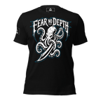 Front view of a black t-shirt featuring an octopus and sword graphic, "FEAR NO DEPTH" text, and a pirate DIA logo on the sleeve.