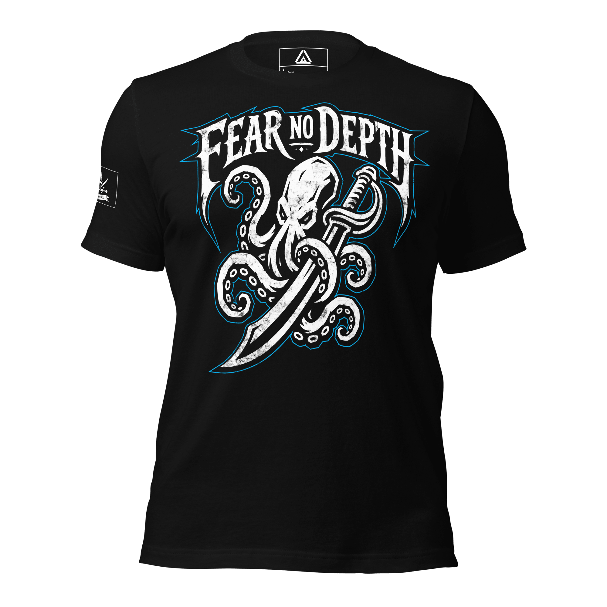 Front view of a black t-shirt featuring an octopus and sword graphic, "FEAR NO DEPTH" text, and a pirate DIA logo on the sleeve.