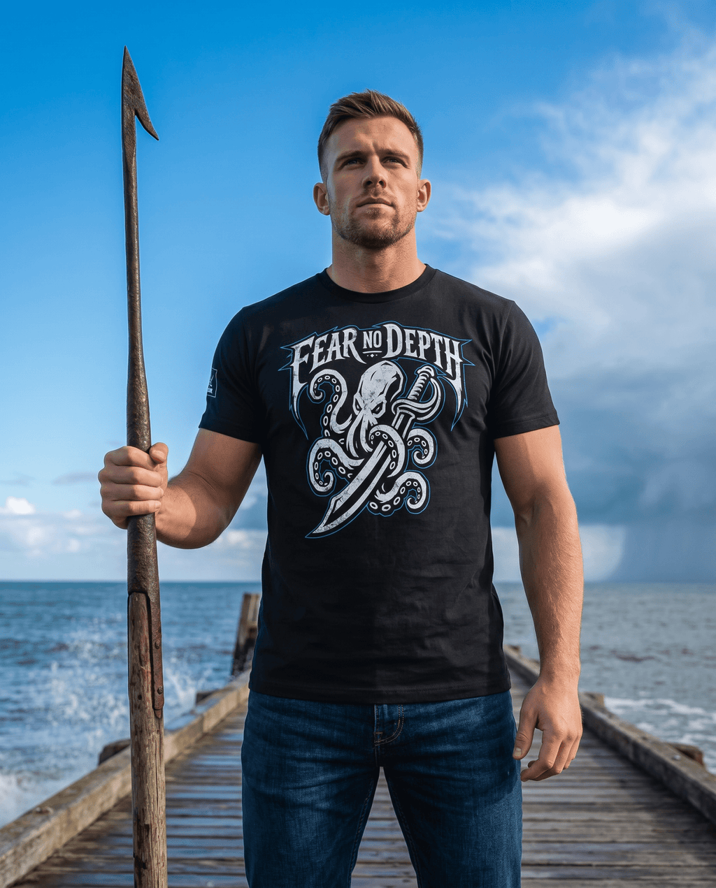 Man holding a harpoon on a wooden pier, wearing a black t-shirt with an octopus graphic and "FEAR NO DEPTH".