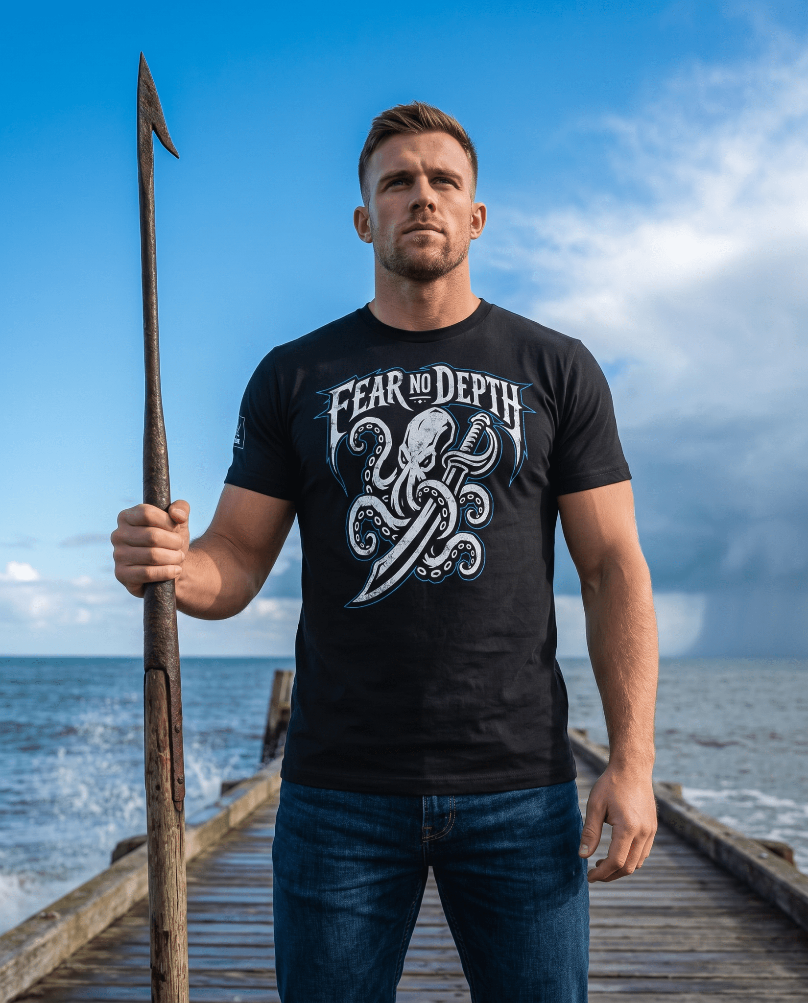 Man holding a harpoon on a wooden pier, wearing a black t-shirt with an octopus graphic and "FEAR NO DEPTH".