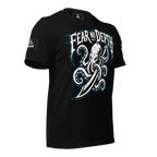 Left-angled view of a black t-shirt with an octopus and sword graphic, "FEAR NO DEPTH" text, and a pirate DIA logo on the sleeve.