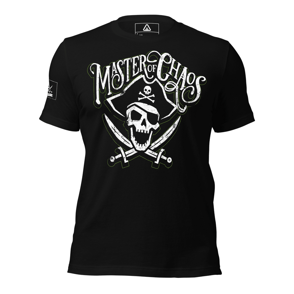 Black t-shirt, front view, with a pirate skull and crossbones graphic with "MASTER OF CHAOS" text, and pirate DIA logo.