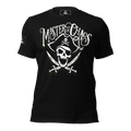 Black t-shirt, front view, with a pirate skull and crossbones graphic with "MASTER OF CHAOS" text, and pirate DIA logo.