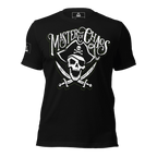 Black t-shirt, front view, with a pirate skull and crossbones graphic with "MASTER OF CHAOS" text, and pirate DIA logo.