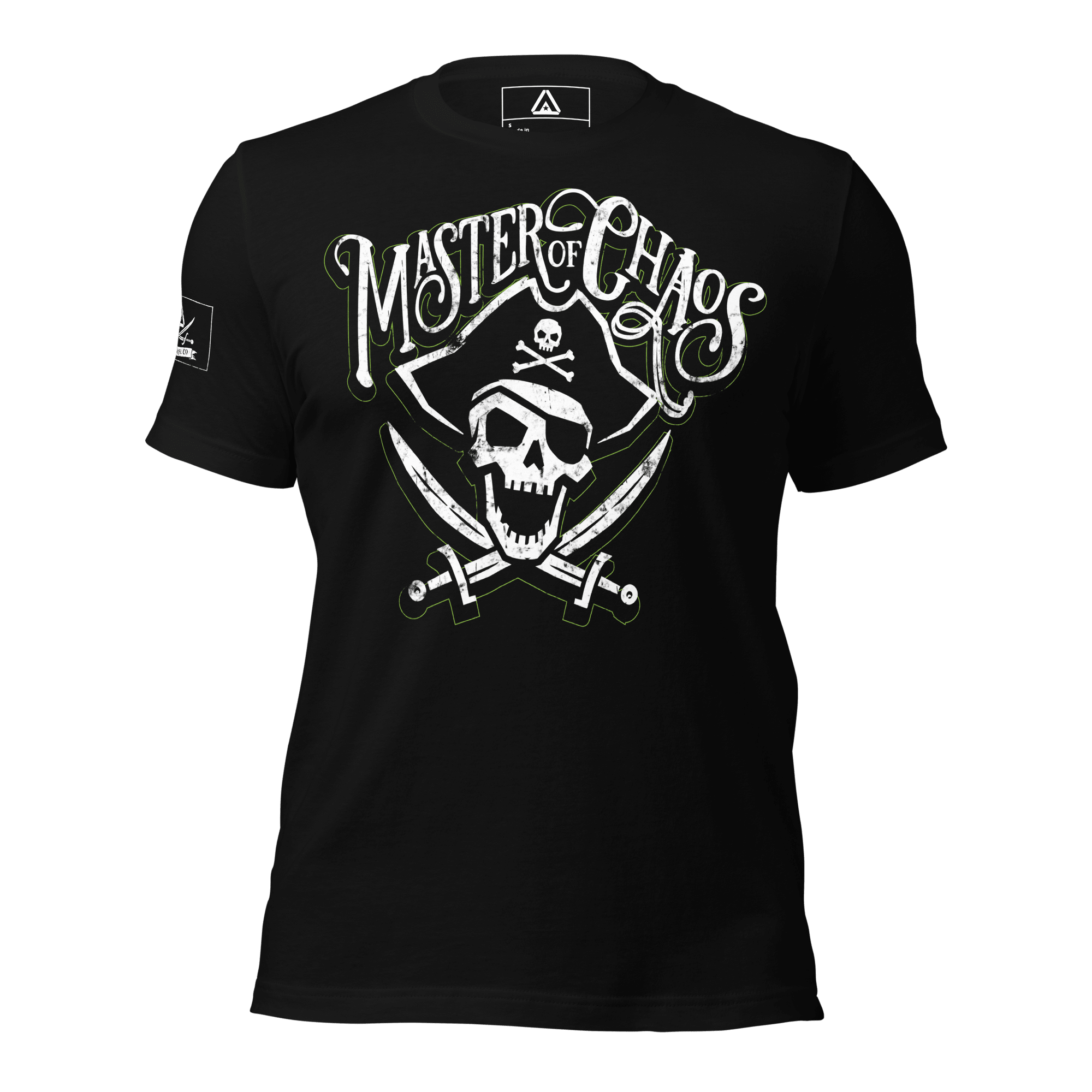 Black t-shirt, front view, with a pirate skull and crossbones graphic with "MASTER OF CHAOS" text, and pirate DIA logo.