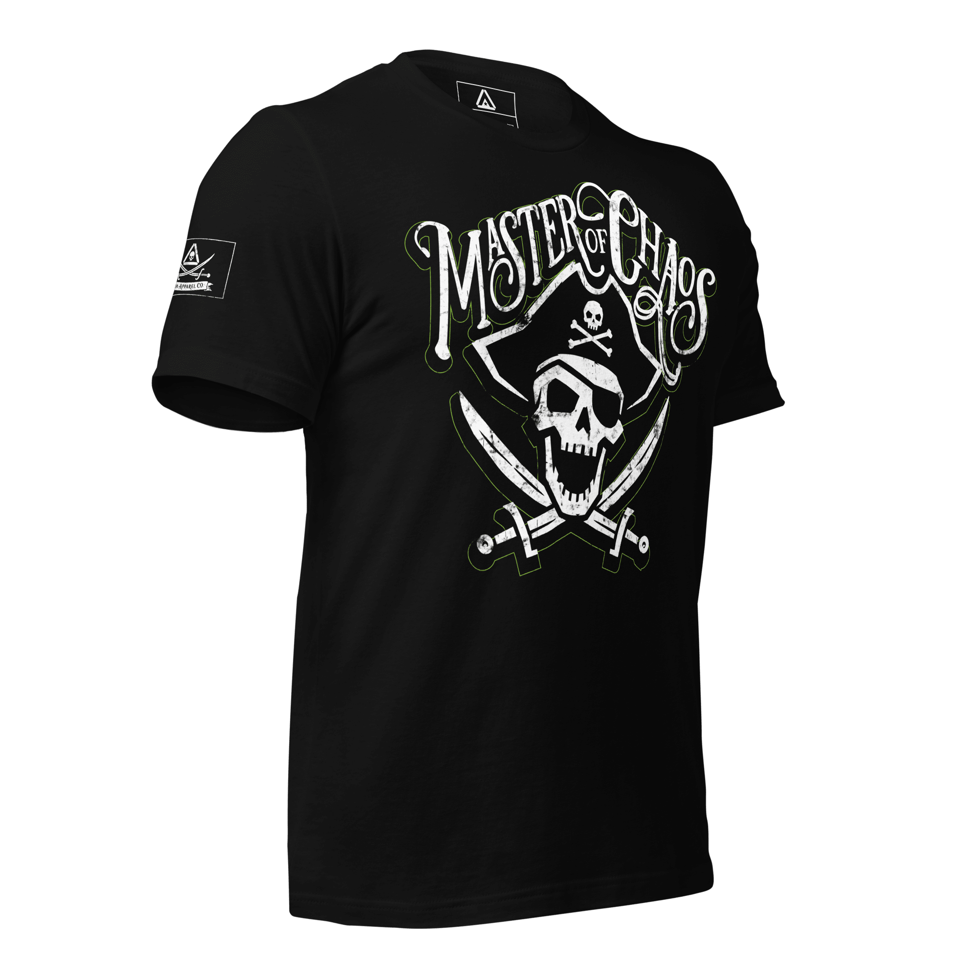 Black t-shirt at an angled left view, with a pirate skull graphic and "MASTER OF CHAOS" text, and pirate DIA logo.