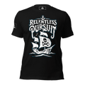 Front view of black t-shirt with a pirate ship, "RELENTLESS PURSUIT" text, and a pirate DIA logo on the sleeve.