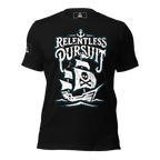 Front view of black t-shirt with a pirate ship, "RELENTLESS PURSUIT" text, and a pirate DIA logo on the sleeve.