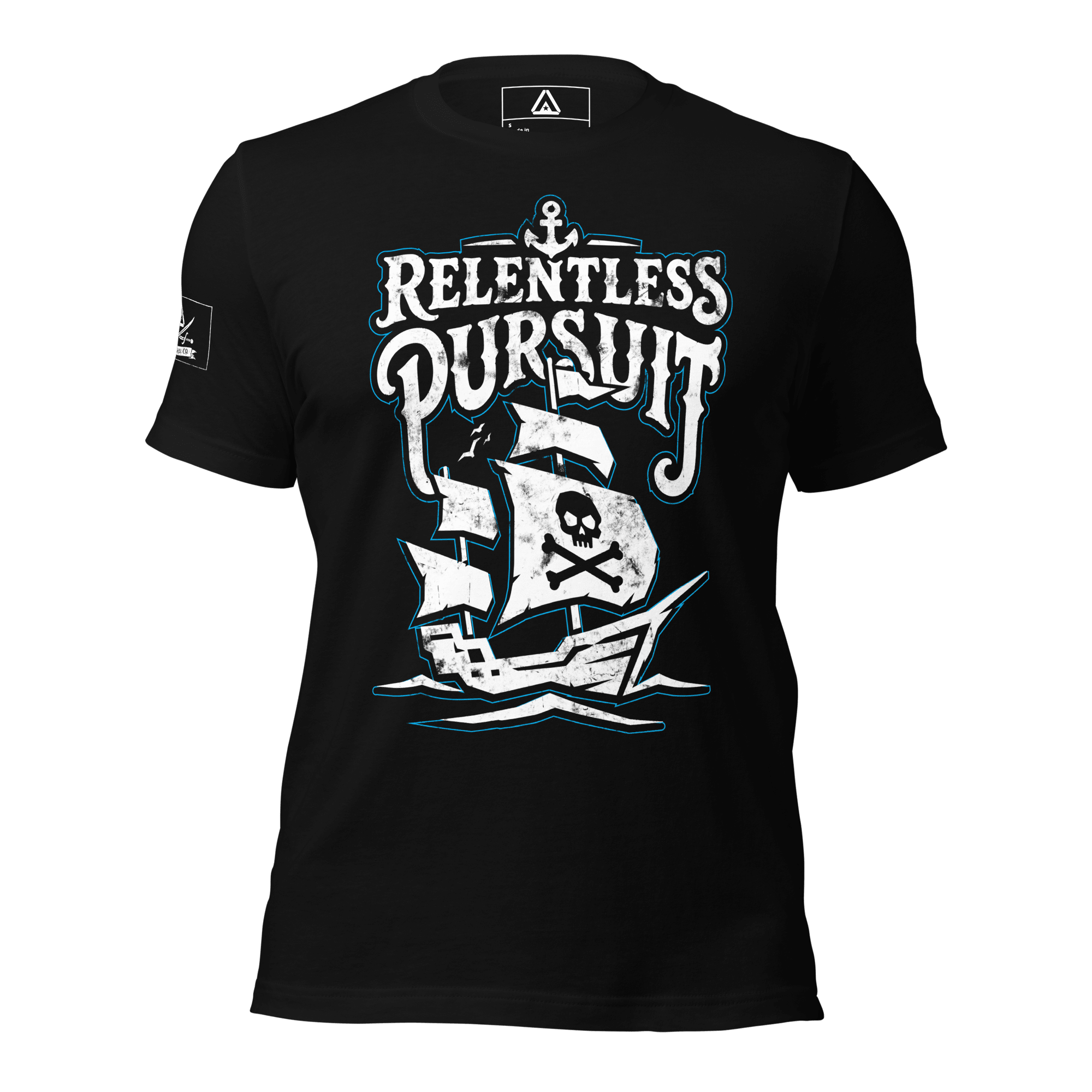 Black t-shirt, front view, with a pirate ship with a skull on the sail and "RELENTLESS PURSUIT" text, and a pirate DIA logo on the sleeve.