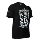 Left-angled view of a black t-shirt with a pirate ship, "RELENTLESS PURSUIT" text, and a pirate DIA logo on the sleeve.