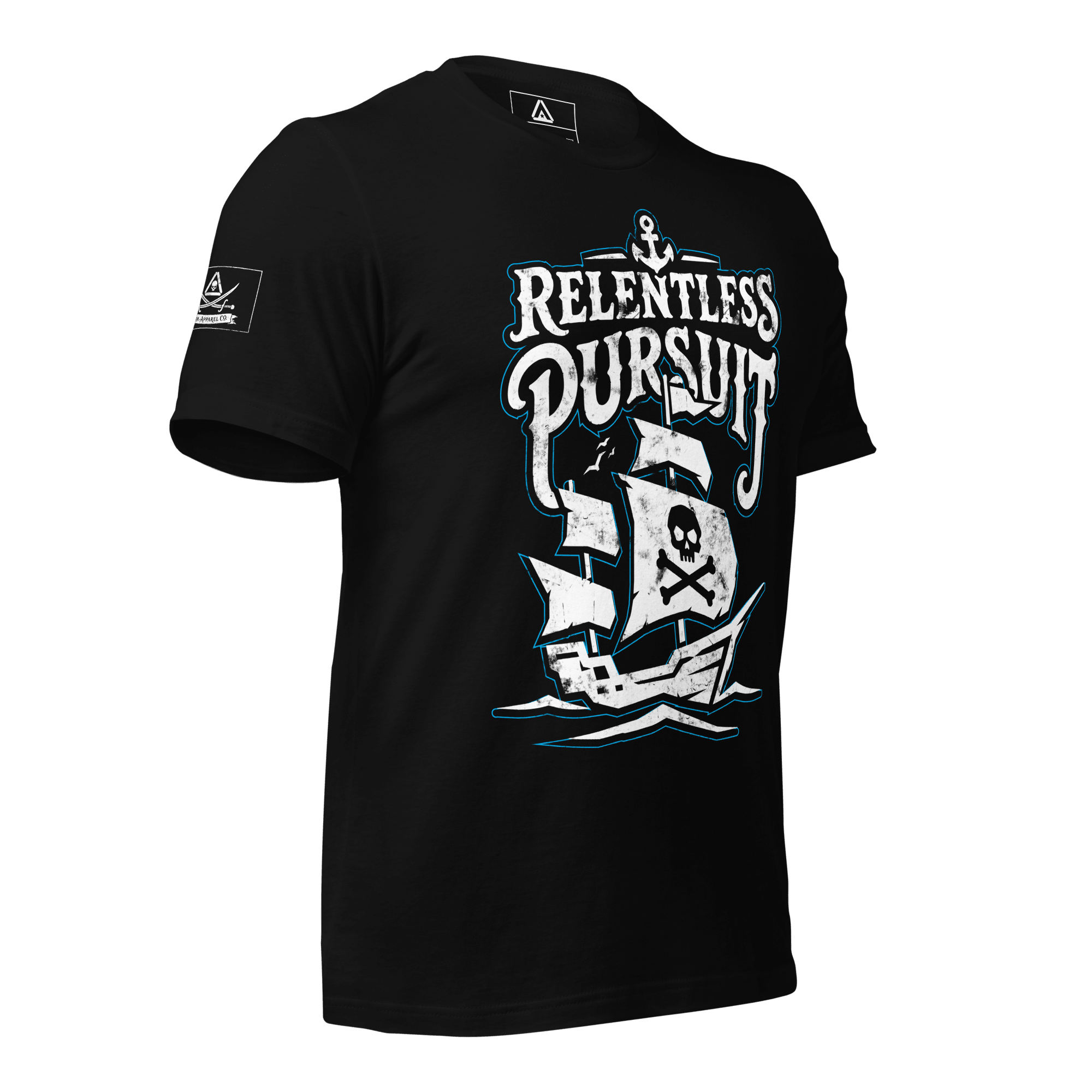 Black t-shirt at a left angled view, with a pirate ship graphic and "RELENTLESS PURSUIT" text, plus a pirate DIA logo on the sleeve.