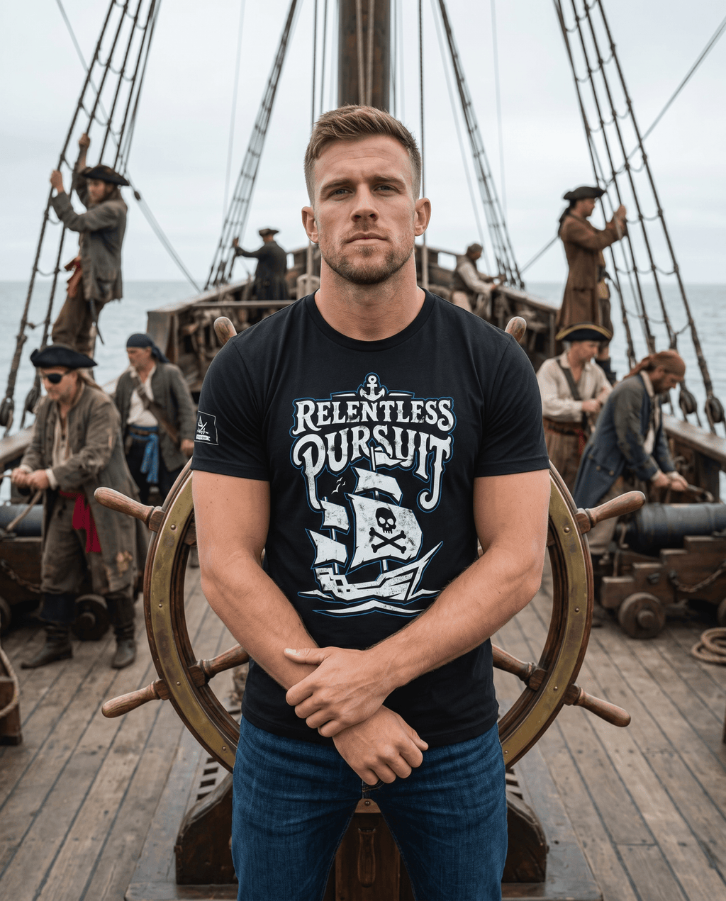 Man standing on a ship deck with a crew, wearing a black t-shirt with a pirate ship graphic and "RELENTLESS PURSUIT" text.