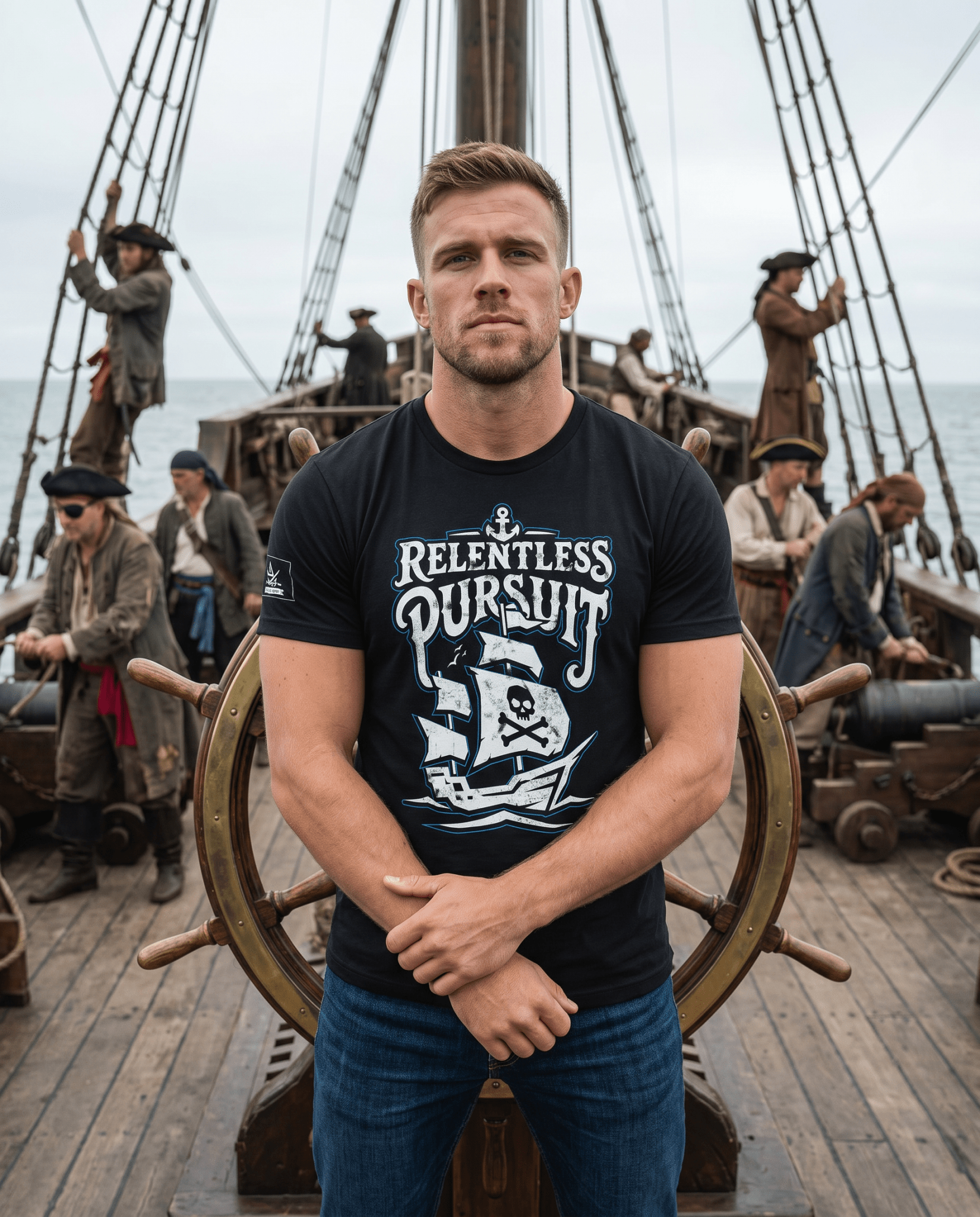 Man standing on a ship deck with a crew, wearing a black t-shirt with a pirate ship graphic and "RELENTLESS PURSUIT" text.