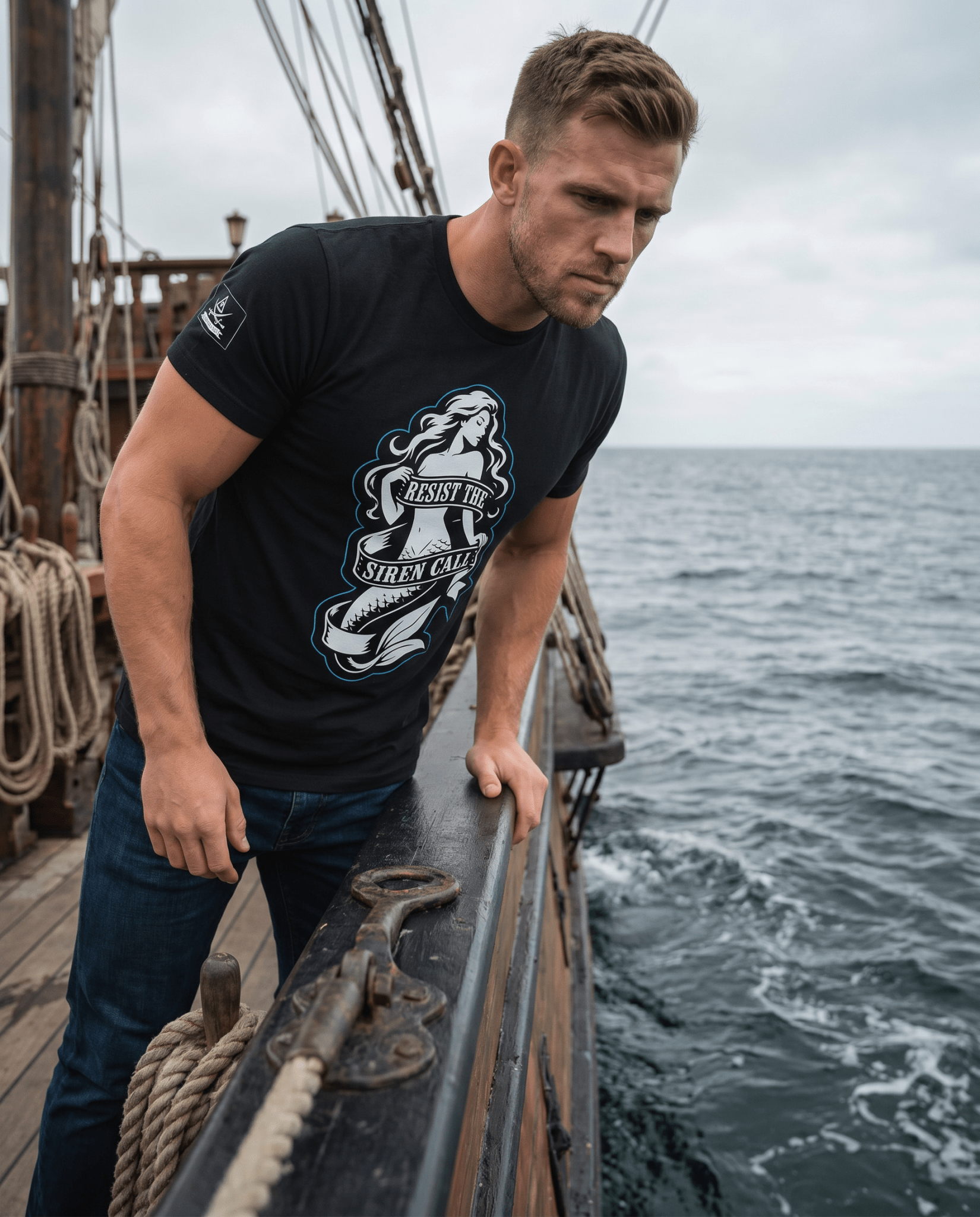 Man standing on a ship deck setting wearing a black t-shirt with a mermaid graphic, "RESIST THE SIREN CALL" text, and a DIA logo on the sleeve.