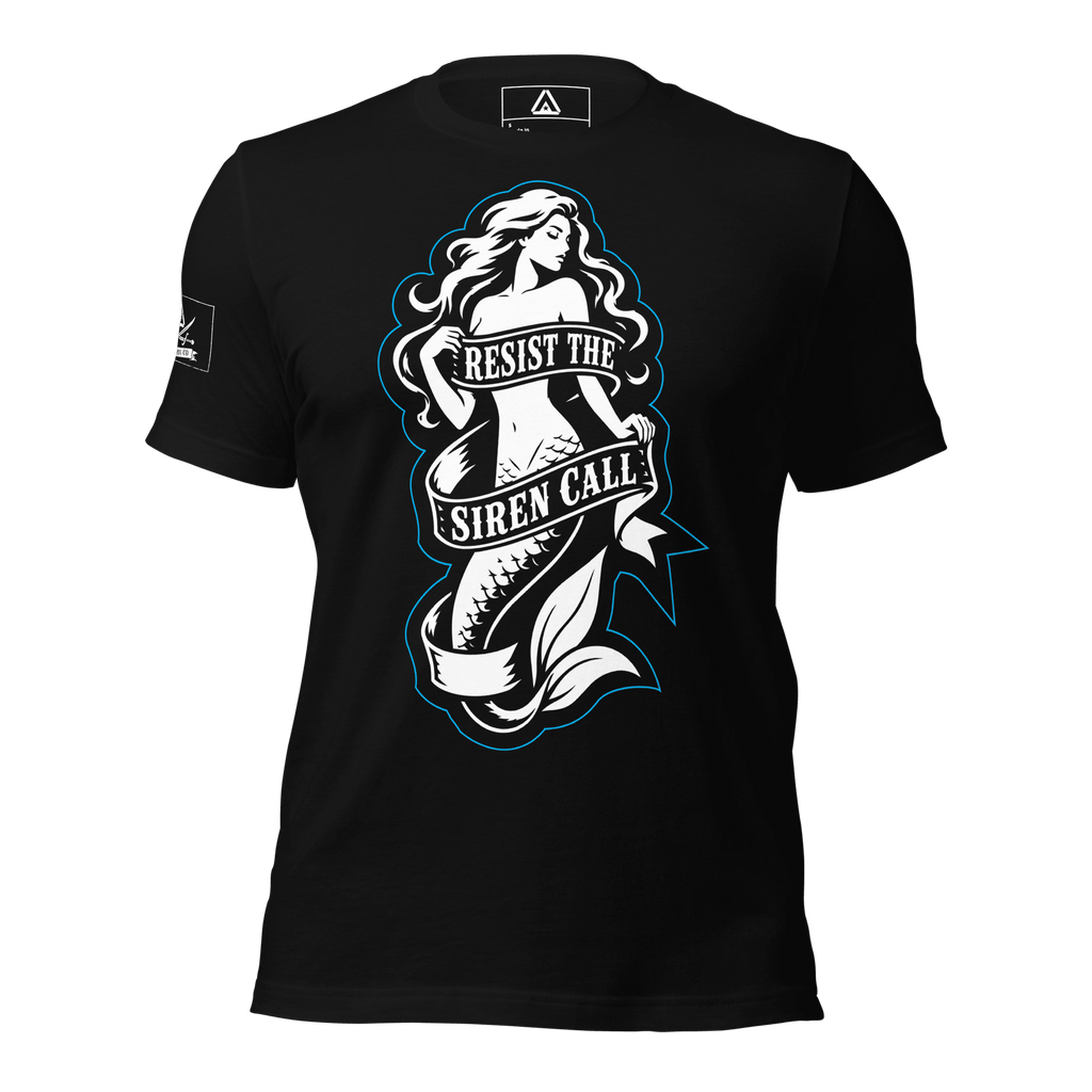 Straight front view of a black t-shirt with a mermaid graphic, "RESIST THE SIREN CALL" text, and a DIA logo on the sleeve.