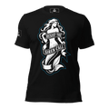 Straight front view of a black t-shirt with a mermaid graphic, "RESIST THE SIREN CALL" text, and a DIA logo on the sleeve.
