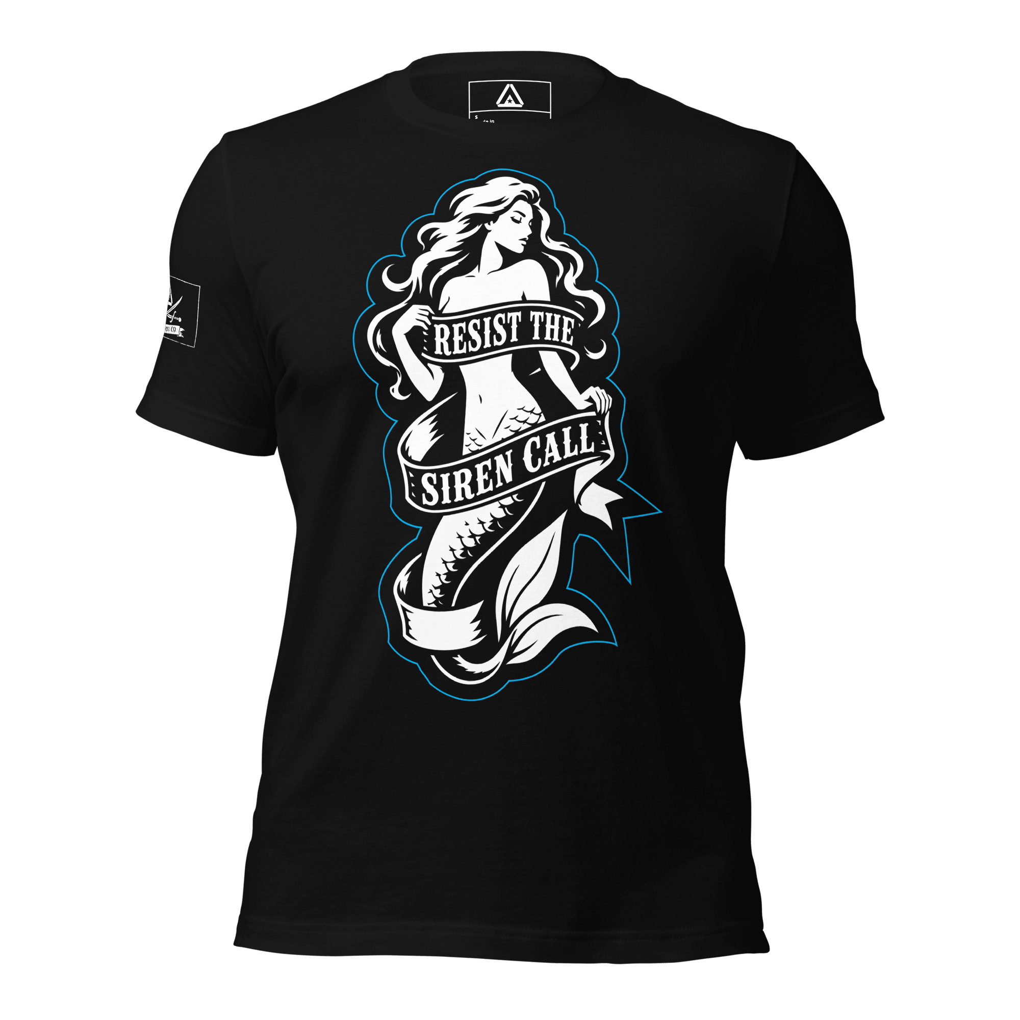 Straight front view of a black t-shirt with a mermaid graphic, "RESIST THE SIREN CALL" text, and a DIA logo on the sleeve.