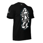 Three-quarter view of a black t-shirt with a mermaid graphic, "RESIST THE SIREN CALL" text, and a DIA logo on the sleeve.