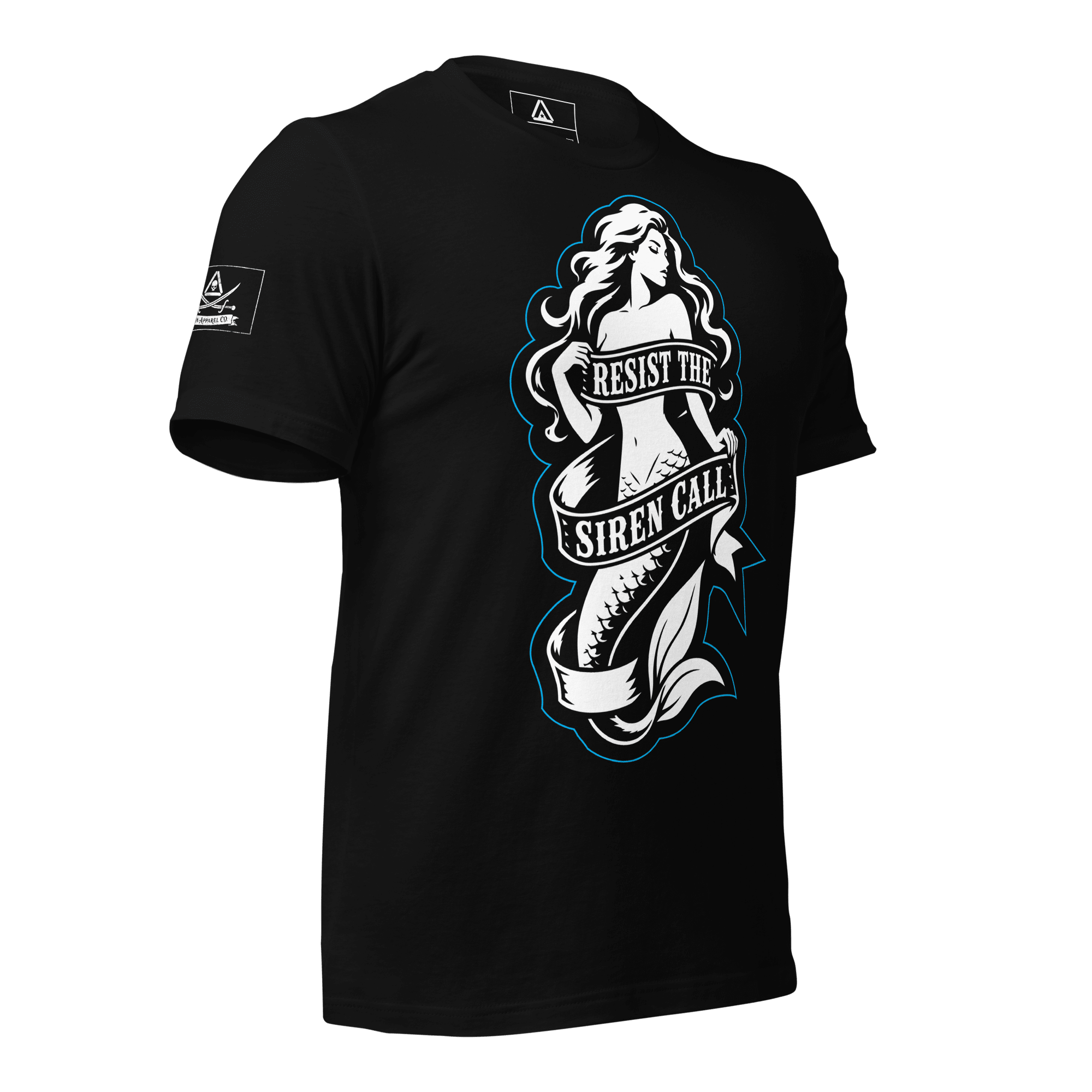Three-quarter view of a black t-shirt with a mermaid graphic, "RESIST THE SIREN CALL" text, and a DIA logo on the sleeve.