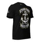Left-angled view of a black t-shirt with an anchor graphic, "STAND FAST HOLD FIRM" text, and a pirate DIA logo on the sleeve.