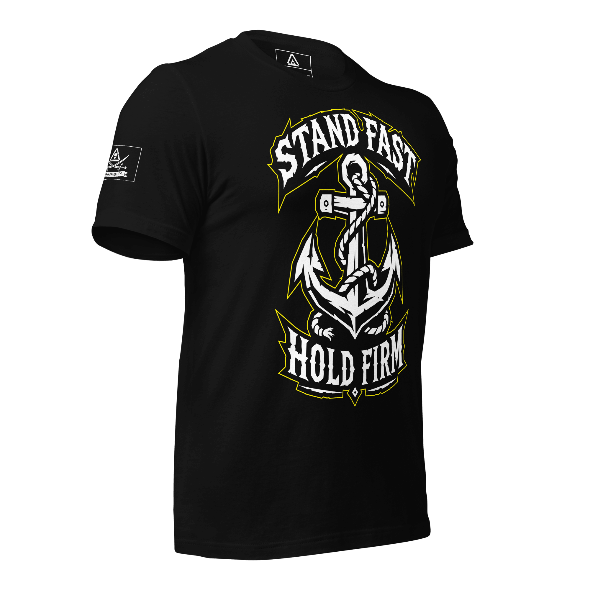 Left-angled view of a black t-shirt with an anchor graphic, "STAND FAST HOLD FIRM" text, and a pirate DIA logo on the sleeve.