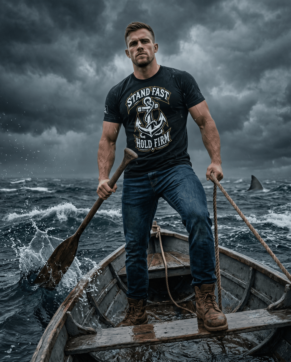 Man in a boat at sea under a stormy sky, wearing a black t-shirt with an anchor graphic and "STAND FAST HOLD FIRM".
