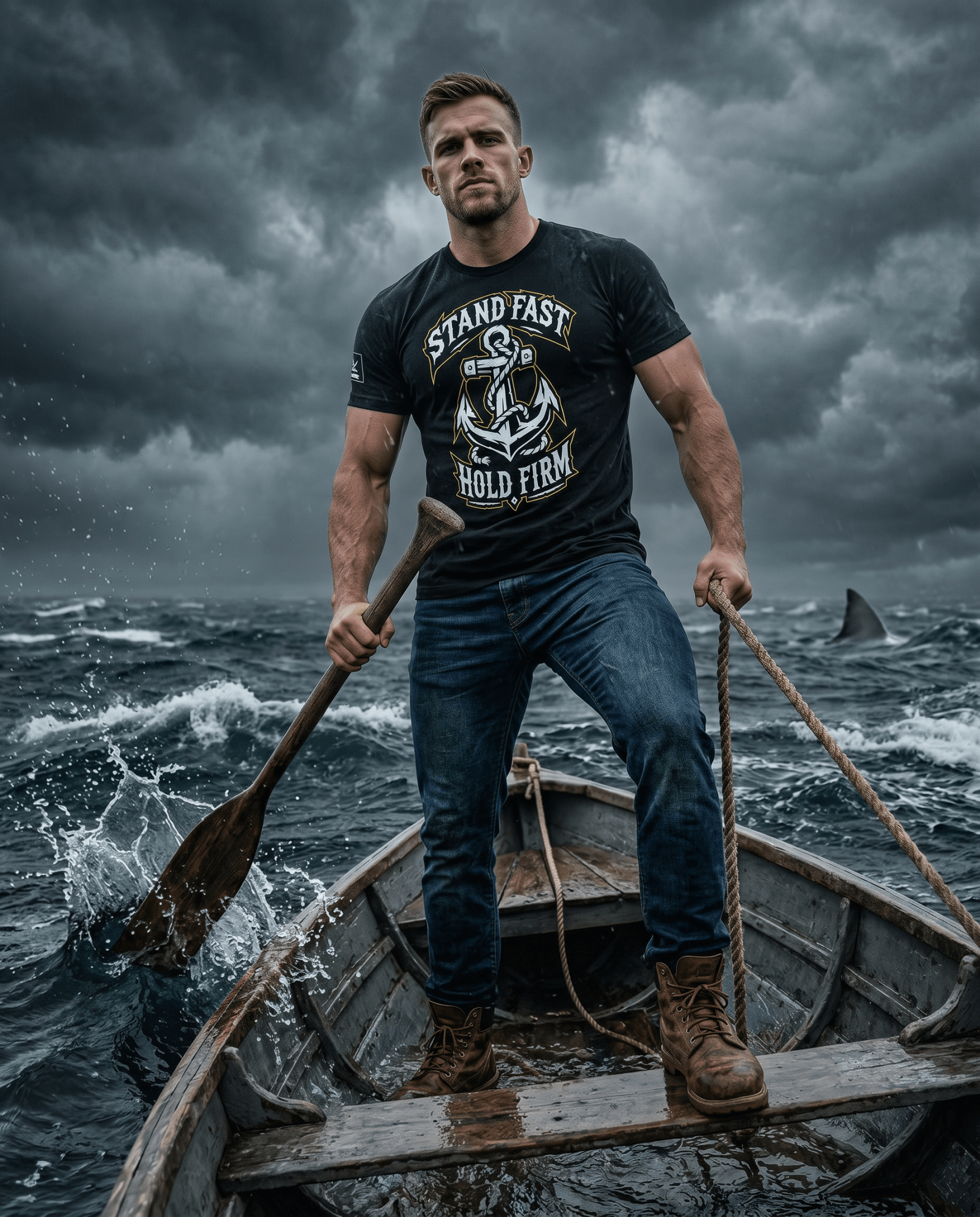 Man in a boat at sea under a stormy sky, wearing a black t-shirt with an anchor graphic and "STAND FAST HOLD FIRM".