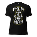 Front view of a black t-shirt featuring an anchor with rope graphic, "STAND FAST HOLD FIRM" text, and a pirate DIA logo.