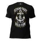 Front view of a black t-shirt featuring an anchor with rope graphic, "STAND FAST HOLD FIRM" text, and a pirate DIA logo.