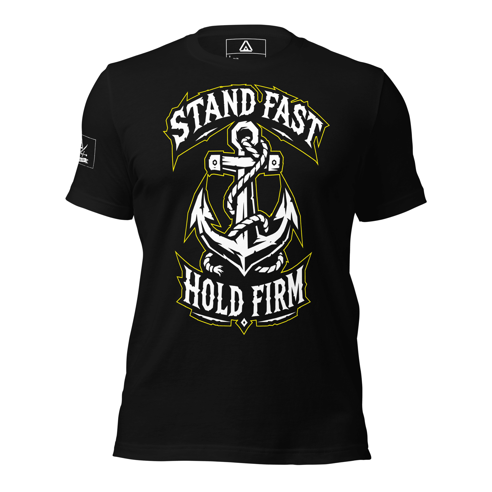 Front view of a black t-shirt featuring an anchor with rope graphic, "STAND FAST HOLD FIRM" text, and a pirate DIA logo.