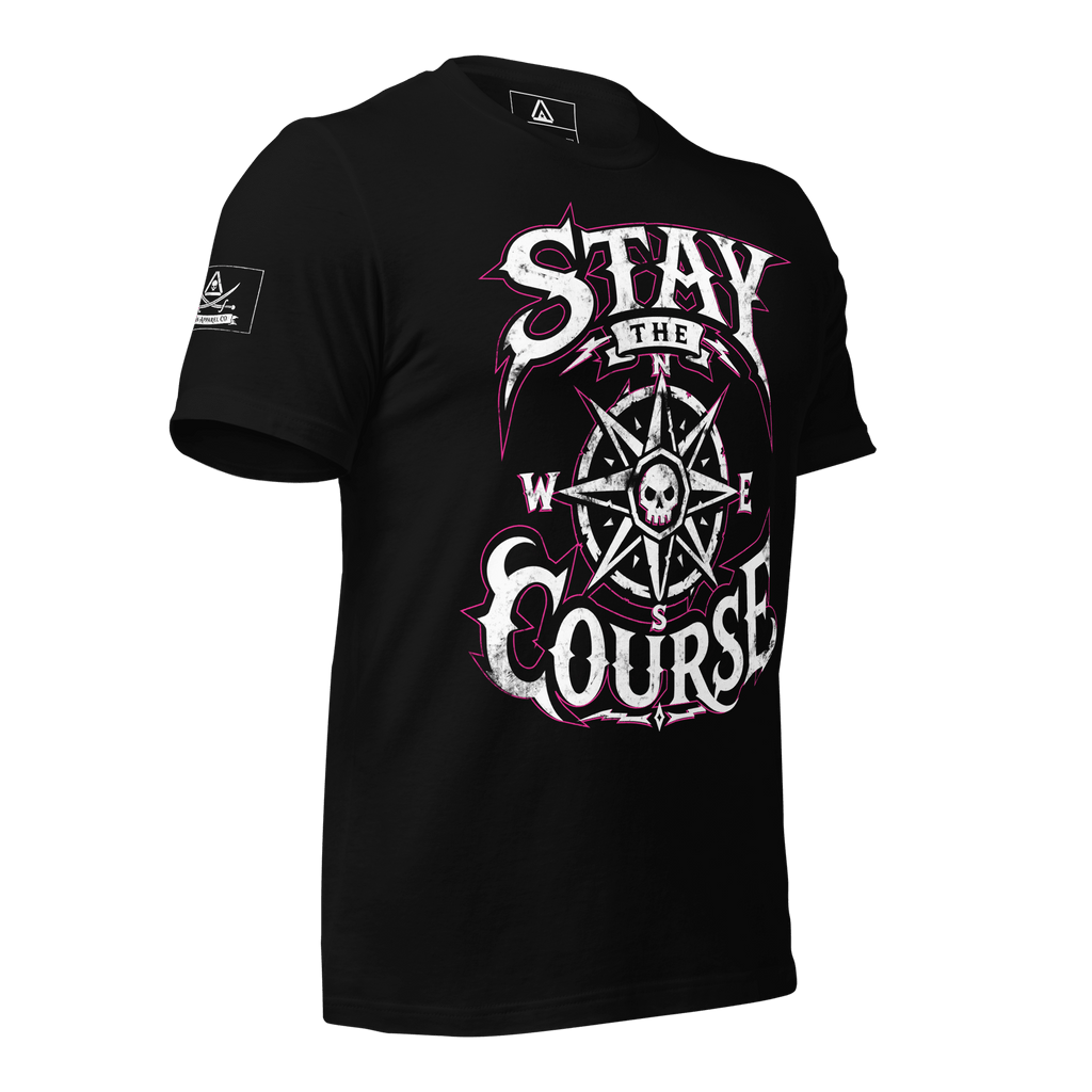 Black t-shirt angled left view, with a compass skull graphic and "STAY THE COURSE" text, and a pirate DIA logo on the sleeve.