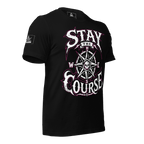 Black t-shirt angled left view, with a compass skull graphic and "STAY THE COURSE" text, and a pirate DIA logo on the sleeve.