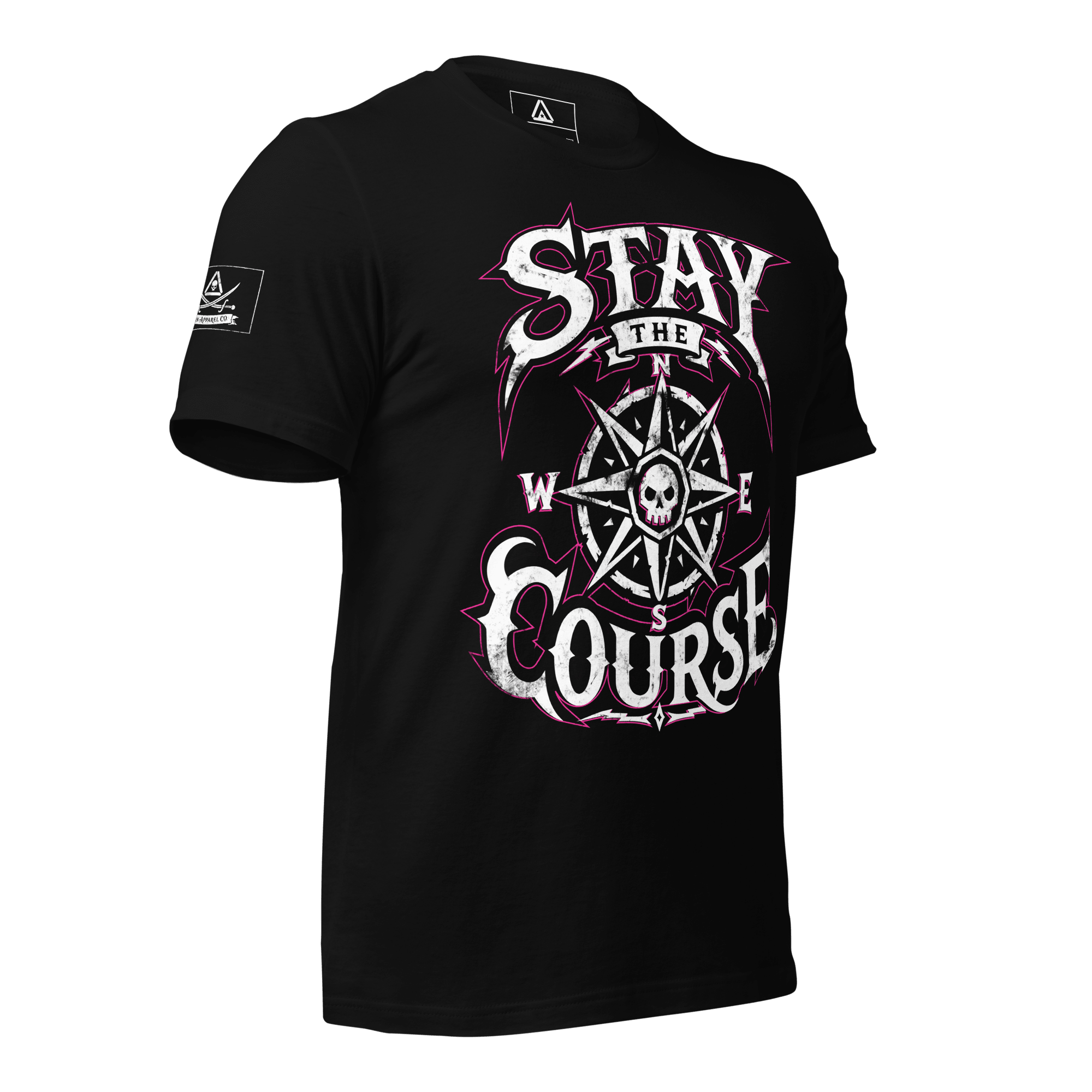 Black t-shirt at angled left view, with a compass skull graphic and "STAY THE COURSE" text, plus a pirate DIA logo on the sleeve.