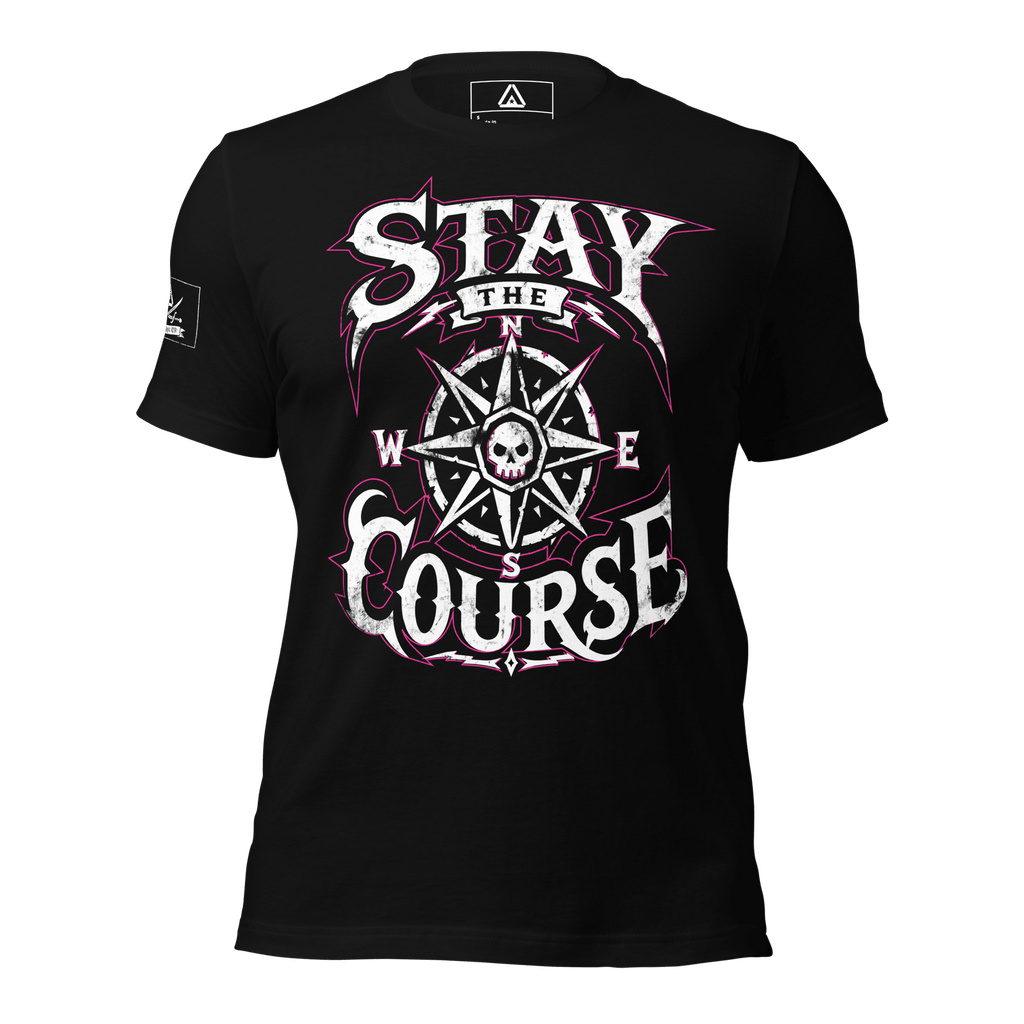 Front view of a black t-shirt with a compass skull graphic, "STAY THE COURSE" text, and a pirate DIA logo on the sleeve.