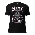 Front view of a black t-shirt with a compass skull graphic, "STAY THE COURSE" text, and a pirate DIA logo on the sleeve.