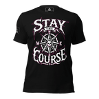 Front view of a black t-shirt with a compass skull graphic, "STAY THE COURSE" text, and a pirate DIA logo on the sleeve.