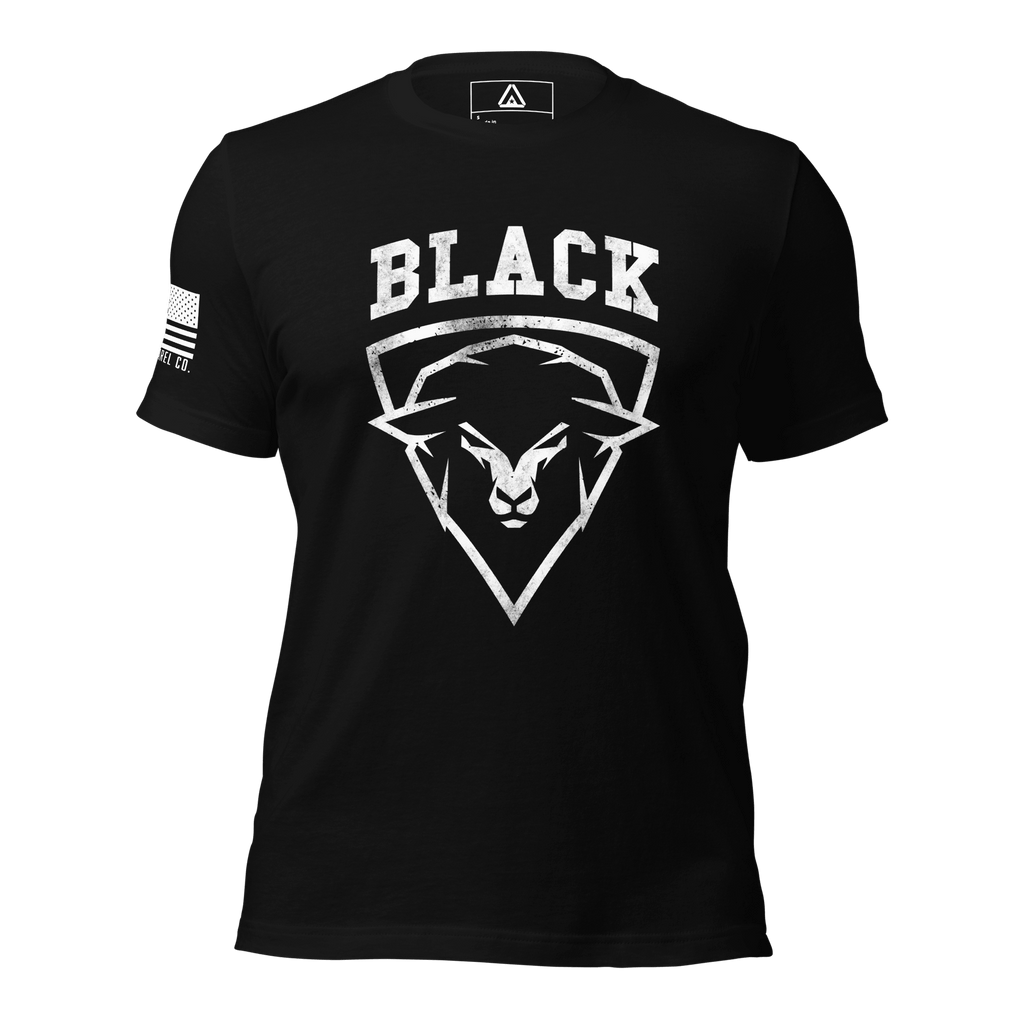 Black T-shirt front view, featuring a white BLACK sheep head front graphic, with an American flag on the right sleeve.