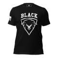 Black T-shirt front view, featuring a white BLACK sheep head front graphic, with an American flag on the right sleeve.