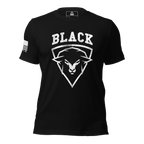 Black T-shirt front view, featuring a white BLACK sheep head front graphic, with an American flag on the right sleeve.