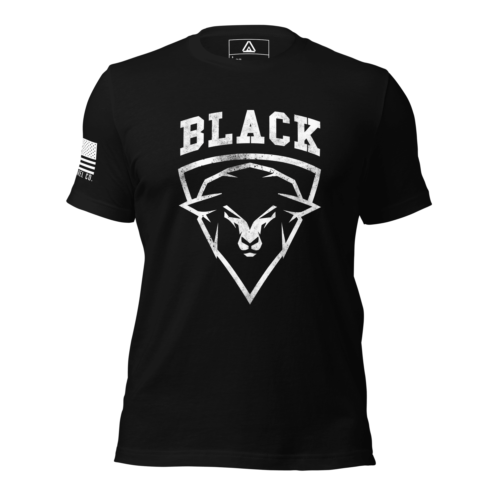 Black t-shirt front view, featuring a white "BLACK" sheep head front graphic, with an American flag on the right sleeve.