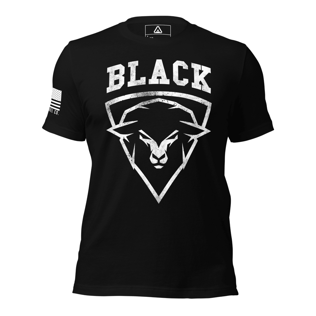 Black t-shirt, front view, with a sheep graphic and "BLACK" text, plus an American flag on the sleeve.