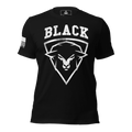 Black t-shirt, front view, with a sheep graphic and "BLACK" text, plus an American flag on the sleeve.