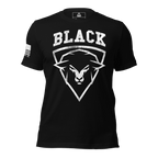 Black t-shirt, front view, with a sheep graphic and "BLACK" text, plus an American flag on the sleeve.
